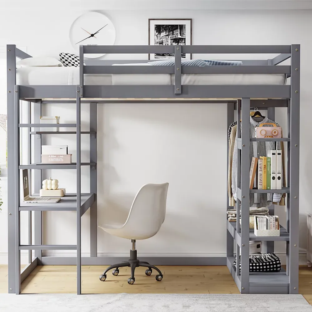 Okwish Lit mezzanine 140x200 cm - Lit double avec bureau intégré, rangements pratiques et échelle - Bois de pin et MDF - Gris* Lit Mezzanine