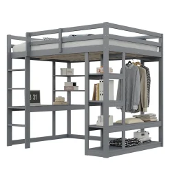 Okwish Lit mezzanine 140x200 cm - Lit double avec bureau intégré, rangements pratiques et échelle - Bois de pin et MDF - Gris* Lit Mezzanine