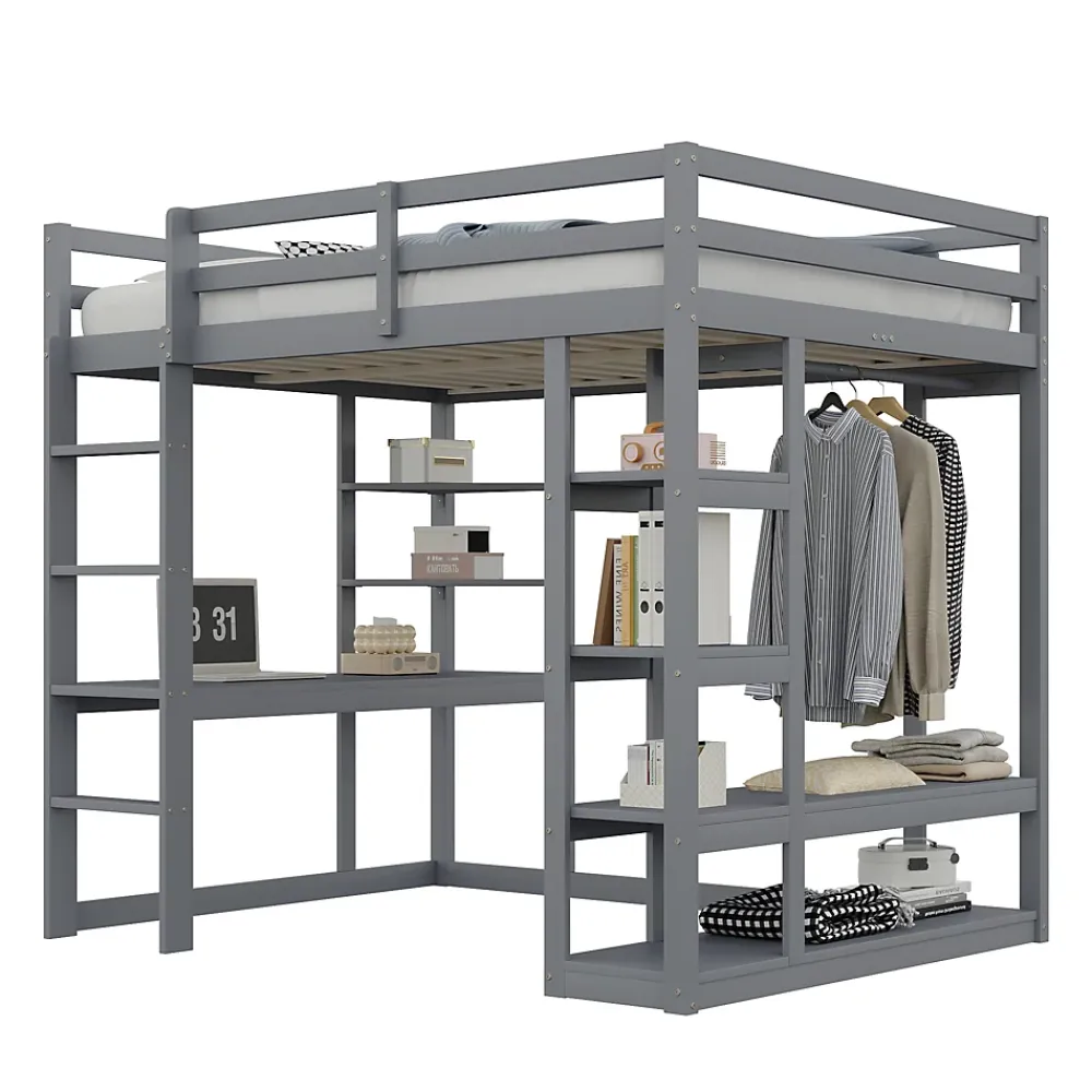 Okwish Lit mezzanine 140x200 cm - Lit double avec bureau intégré, rangements pratiques et échelle - Bois de pin et MDF - Gris* Lit Mezzanine