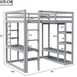 Okwish Lit mezzanine 140x200 cm - Lit double avec bureau intégré, rangements pratiques et échelle - Bois de pin et MDF - Gris* Lit Mezzanine