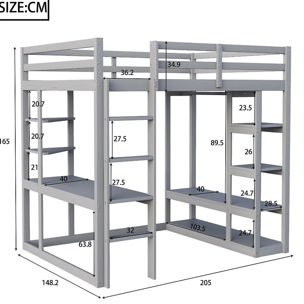 Okwish Lit mezzanine 140x200 cm - Lit double avec bureau intégré, rangements pratiques et échelle - Bois de pin et MDF - Gris* Lit Mezzanine