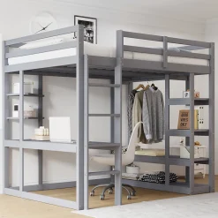 Okwish Lit mezzanine 140x200 cm - Lit double avec bureau intégré, rangements pratiques et échelle - Bois de pin et MDF - Gris* Lit Mezzanine