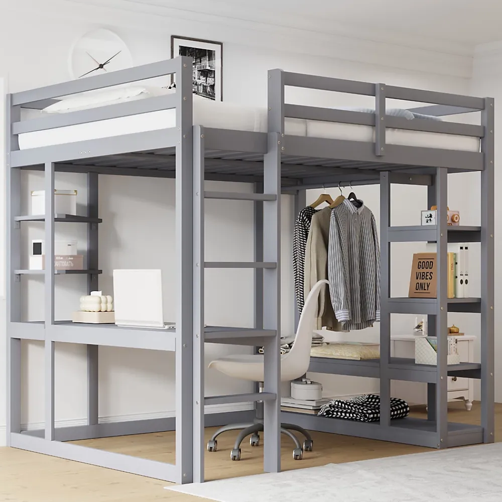 Okwish Lit mezzanine 140x200 cm - Lit double avec bureau intégré, rangements pratiques et échelle - Bois de pin et MDF - Gris* Lit Mezzanine
