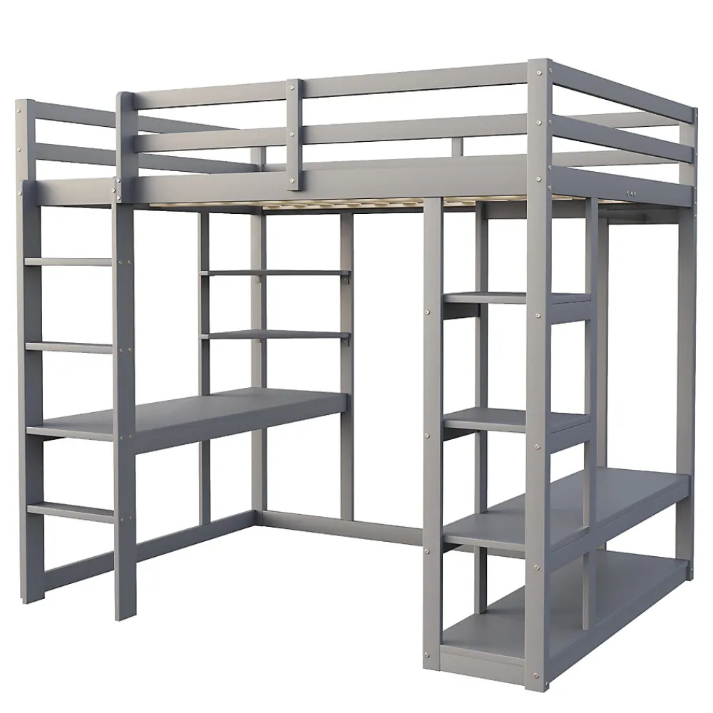 Okwish Lit mezzanine 140x200 cm - Lit double avec bureau intégré, rangements pratiques et échelle - Bois de pin et MDF - Gris* Lit Mezzanine