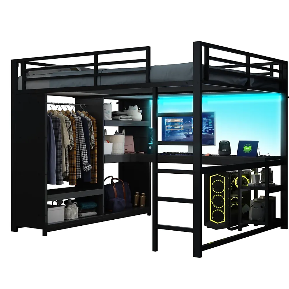 Okwish Lit Mezzanine 160x200 cm - Lit Double avec Bureau et Armoire Ouverte, Rangements et Éclairage LED, sans Matelas - Métal Noir* Lit Mezzanine