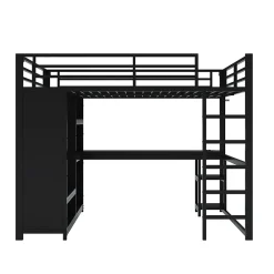 Okwish Lit Mezzanine 160x200 cm - Lit Double avec Bureau et Armoire Ouverte, Rangements et Éclairage LED, sans Matelas - Métal Noir* Lit Mezzanine
