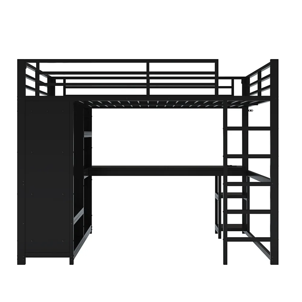 Okwish Lit Mezzanine 160x200 cm - Lit Double avec Bureau et Armoire Ouverte, Rangements et Éclairage LED, sans Matelas - Métal Noir* Lit Mezzanine