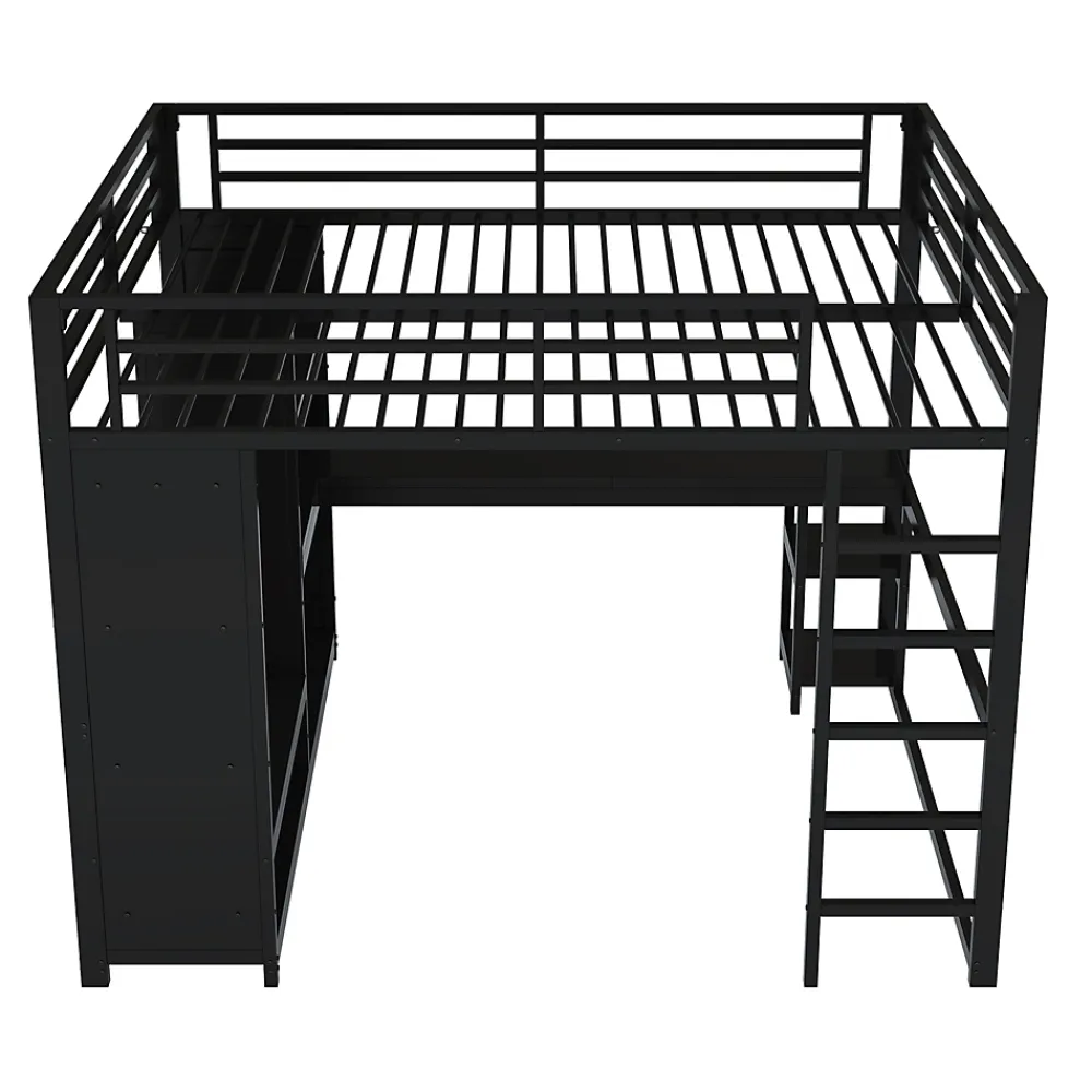 Okwish Lit Mezzanine 160x200 cm - Lit Double avec Bureau et Armoire Ouverte, Rangements et Éclairage LED, sans Matelas - Métal Noir* Lit Mezzanine