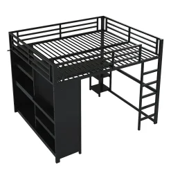 Okwish Lit Mezzanine 160x200 cm - Lit Double avec Bureau et Armoire Ouverte, Rangements et Éclairage LED, sans Matelas - Métal Noir* Lit Mezzanine