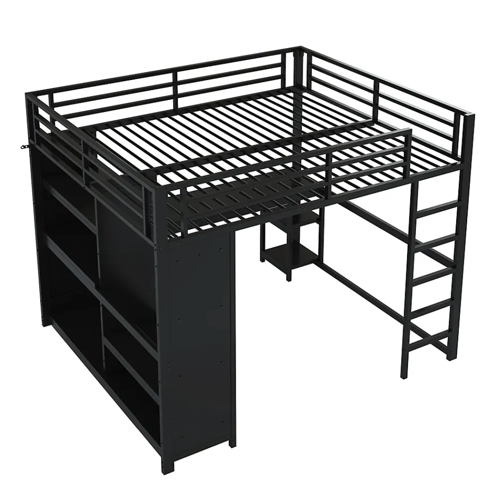 Okwish Lit Mezzanine 160x200 cm - Lit Double avec Bureau et Armoire Ouverte, Rangements et Éclairage LED, sans Matelas - Métal Noir* Lit Mezzanine