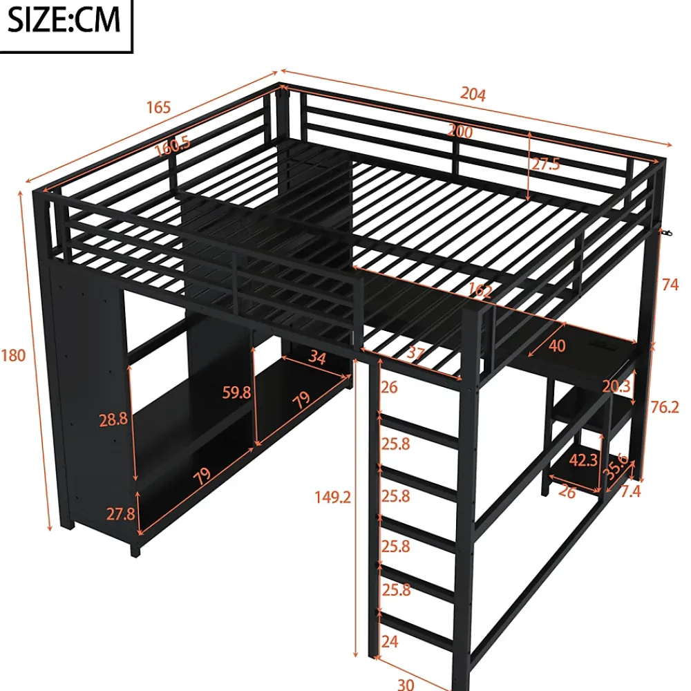 Okwish Lit Mezzanine 160x200 cm - Lit Double avec Bureau et Armoire Ouverte, Rangements et Éclairage LED, sans Matelas - Métal Noir* Lit Mezzanine