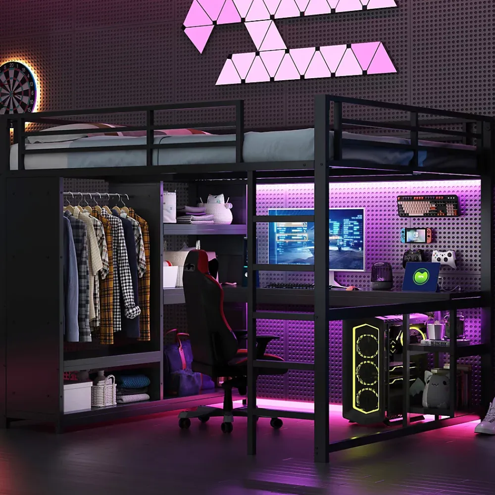 Okwish Lit Mezzanine 160x200 cm - Lit Double avec Bureau et Armoire Ouverte, Rangements et Éclairage LED, sans Matelas - Métal Noir* Lit Mezzanine