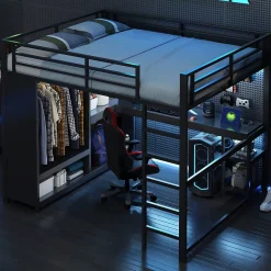 Okwish Lit Mezzanine 160x200 cm - Lit Double avec Bureau et Armoire Ouverte, Rangements et Éclairage LED, sans Matelas - Métal Noir* Lit Mezzanine