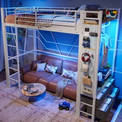 Lit Mezzanine 90x200 cm - Lit Déco avec Bureau et Rangement - Métal et MDF - Sans Matelas - Blanc>Okwish Outlet