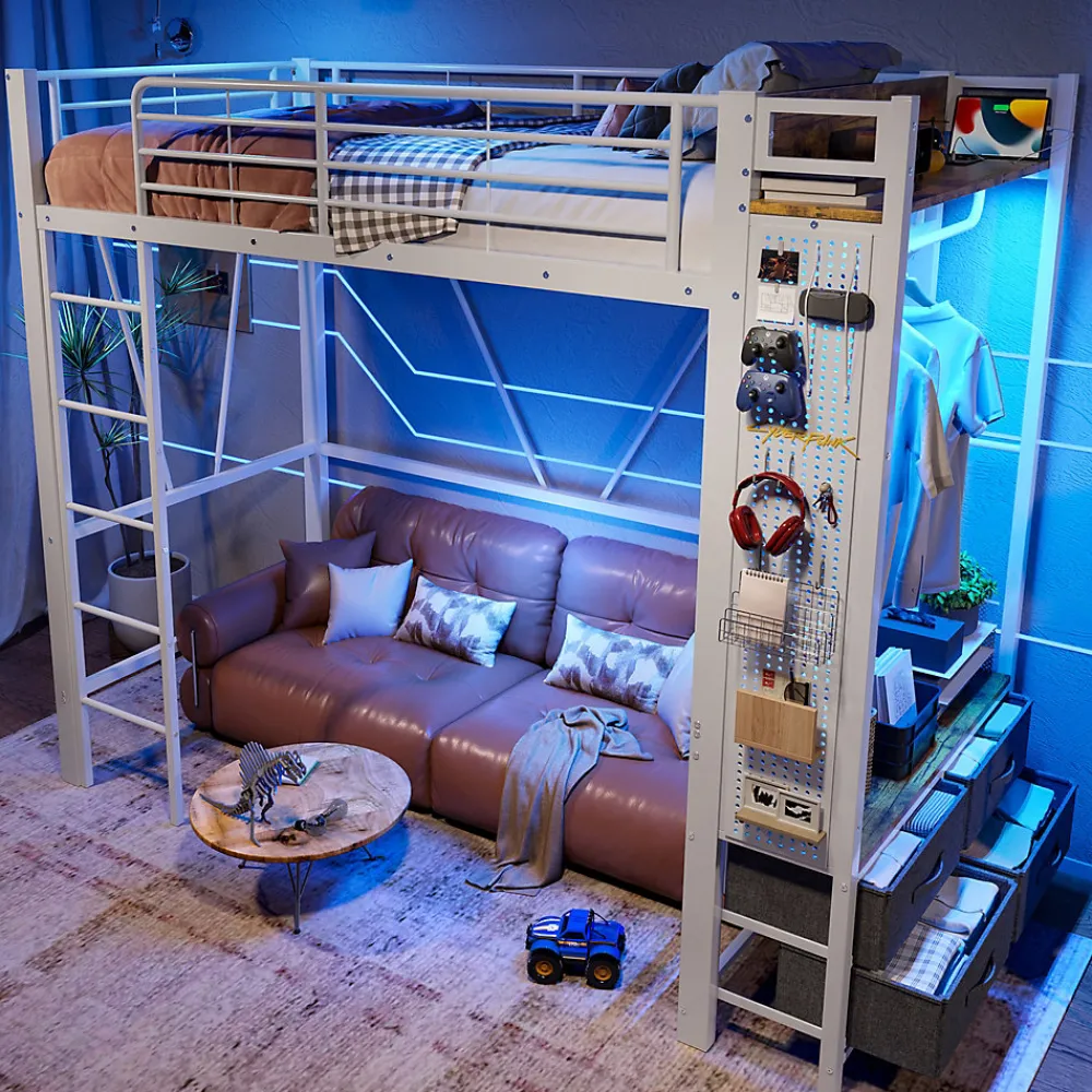 Lit Mezzanine 90x200 cm - Lit Déco avec Bureau et Rangement - Métal et MDF - Sans Matelas - Blanc>Okwish Outlet