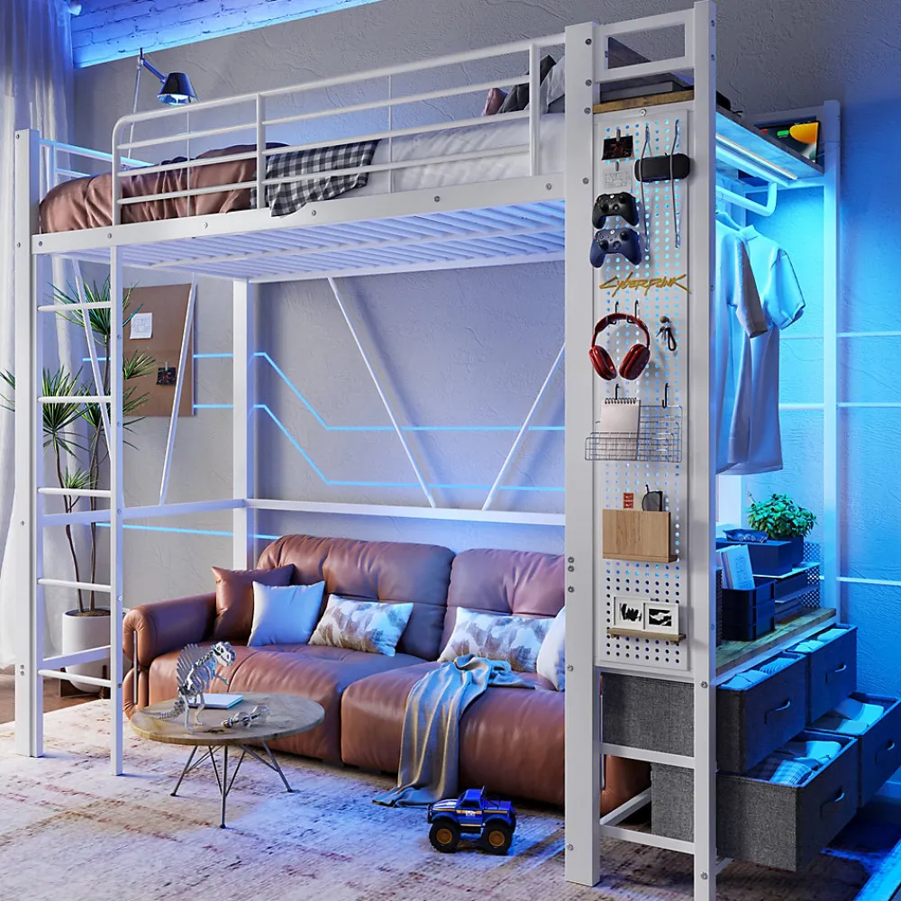 Lit Mezzanine 90x200 cm - Lit Déco avec Bureau et Rangement - Métal et MDF - Sans Matelas - Blanc>Okwish Outlet