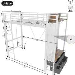 Lit Mezzanine 90x200 cm - Lit Déco avec Bureau et Rangement - Métal et MDF - Sans Matelas - Blanc><noscript><img width=