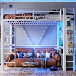 Lit Mezzanine 90x200 cm - Lit Déco avec Bureau et Rangement - Métal et MDF - Sans Matelas - Blanc><noscript><img width=