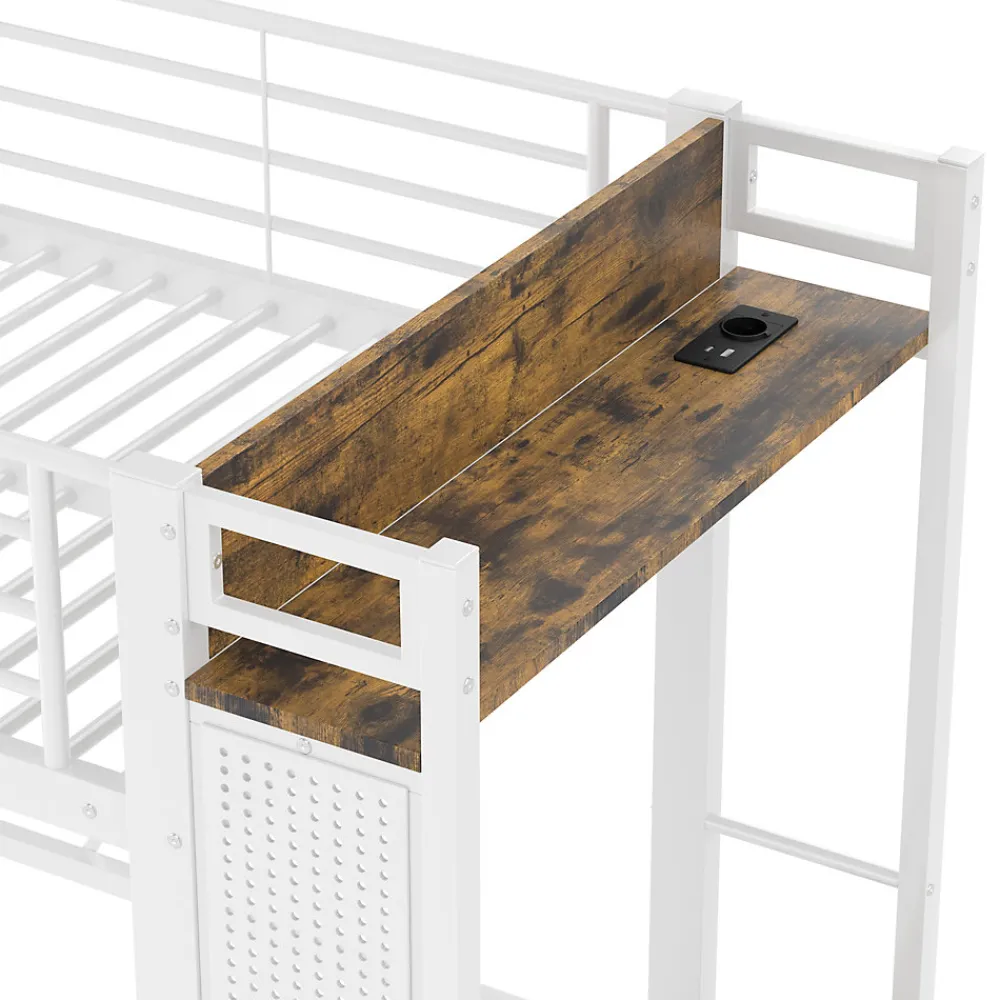 Lit Mezzanine 90x200 cm - Lit Déco avec Bureau et Rangement - Métal et MDF - Sans Matelas - Blanc>Okwish Outlet