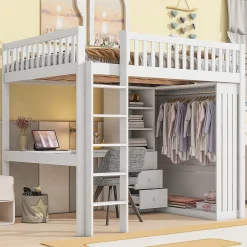 Lit Mezzanine 140x200 cm - Lit Double avec Bureau, Armoire et Escalier à Rangements Intégrés - Bois Blanc - Sans Matelas><noscript><img width=