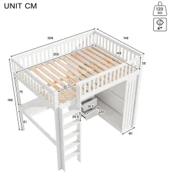 Lit Mezzanine 140x200 cm - Lit Double avec Bureau, Armoire et Escalier à Rangements Intégrés - Bois Blanc - Sans Matelas><noscript><img width=