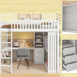 Lit Mezzanine 140x200 cm - Lit Double avec Bureau, Armoire et Escalier à Rangements Intégrés - Bois Blanc - Sans Matelas><noscript><img width=