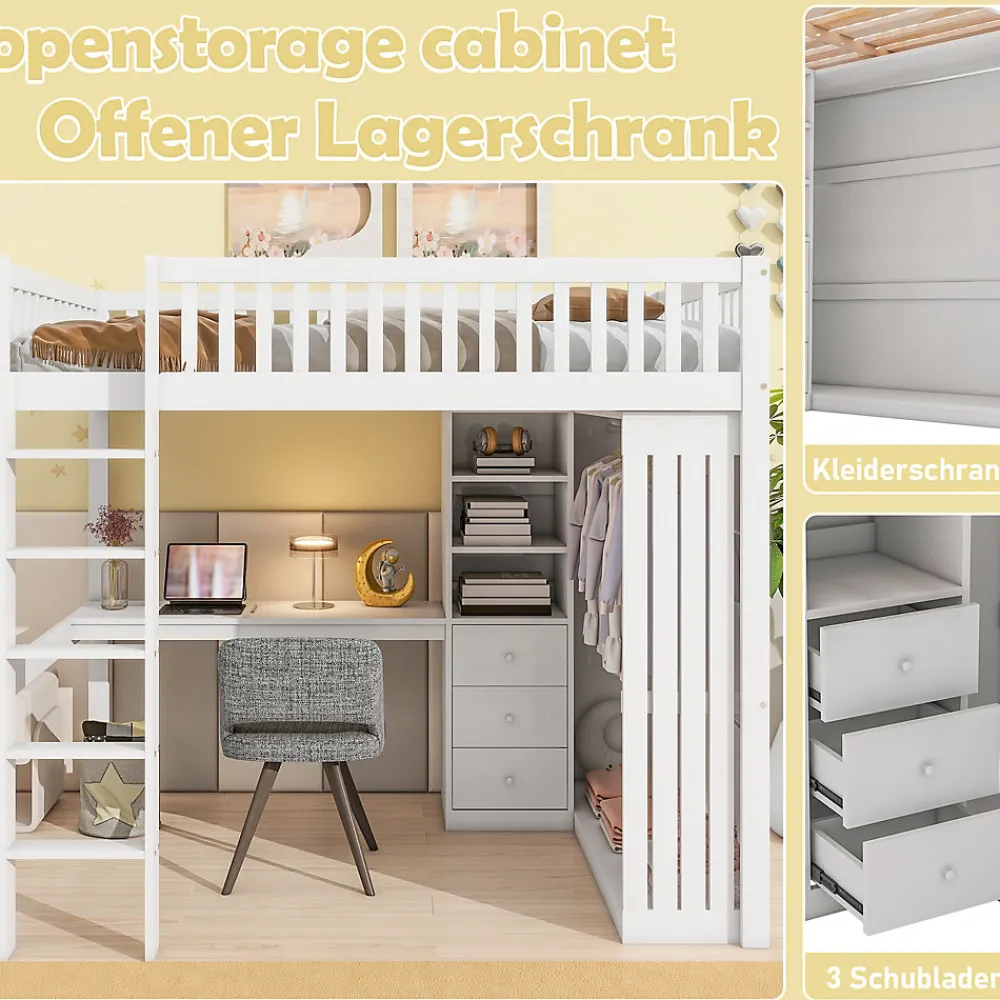 Lit Mezzanine 140x200 cm - Lit Double avec Bureau, Armoire et Escalier à Rangements Intégrés - Bois Blanc - Sans Matelas>Okwish Clearance