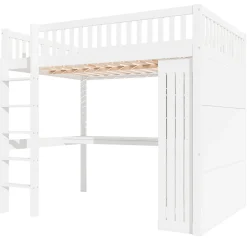 Lit Mezzanine 140x200 cm - Lit Double avec Bureau, Armoire et Escalier à Rangements Intégrés - Bois Blanc - Sans Matelas><noscript><img width=