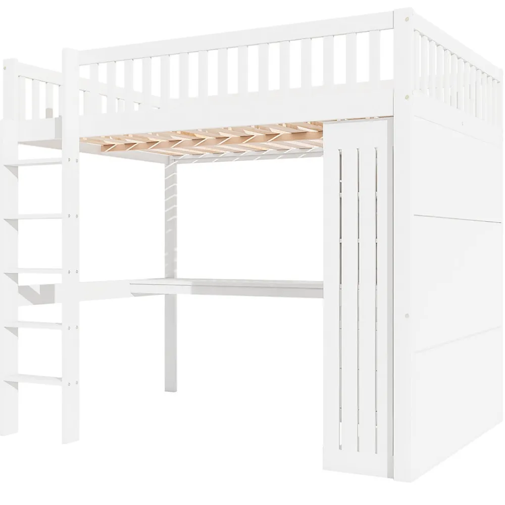 Lit Mezzanine 140x200 cm - Lit Double avec Bureau, Armoire et Escalier à Rangements Intégrés - Bois Blanc - Sans Matelas>Okwish Clearance