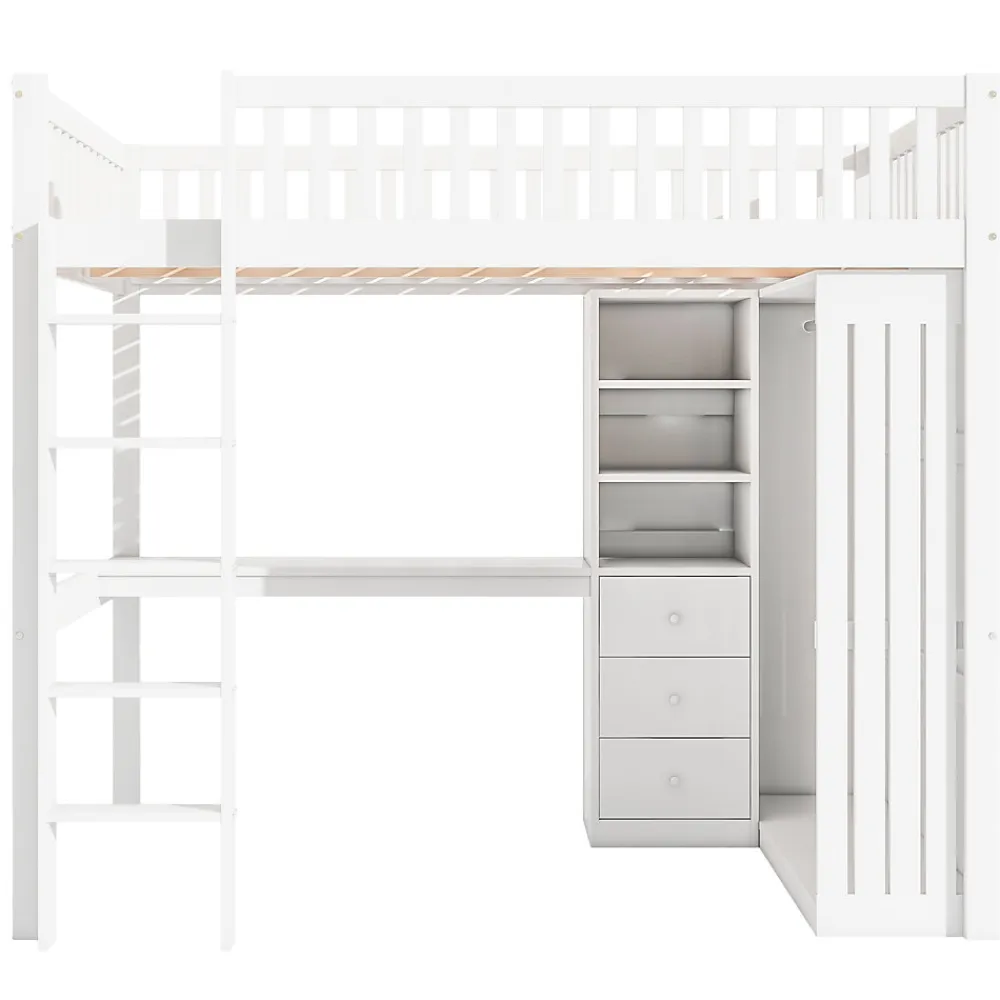 Lit Mezzanine 140x200 cm - Lit Double avec Bureau, Armoire et Escalier à Rangements Intégrés - Bois Blanc - Sans Matelas>Okwish Clearance