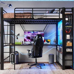 Lit Mezzanine 90x200 cm - Lit Déco avec Rangement - Métal et MDF - Sans Matelas - Noir><noscript><img width=