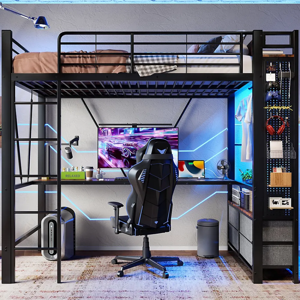 Lit Mezzanine 90x200 cm - Lit Déco avec Rangement - Métal et MDF - Sans Matelas - Noir>Okwish New