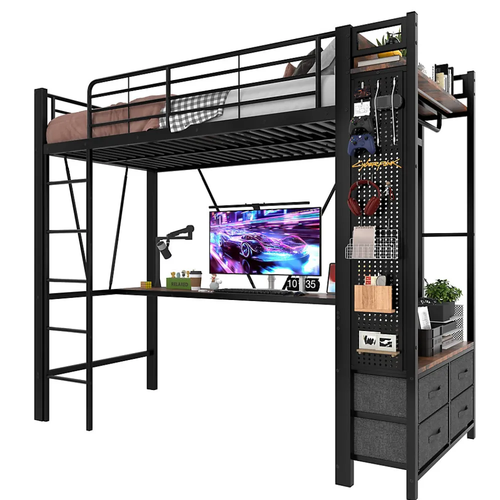 Lit Mezzanine 90x200 cm - Lit Déco avec Rangement - Métal et MDF - Sans Matelas - Noir>Okwish New