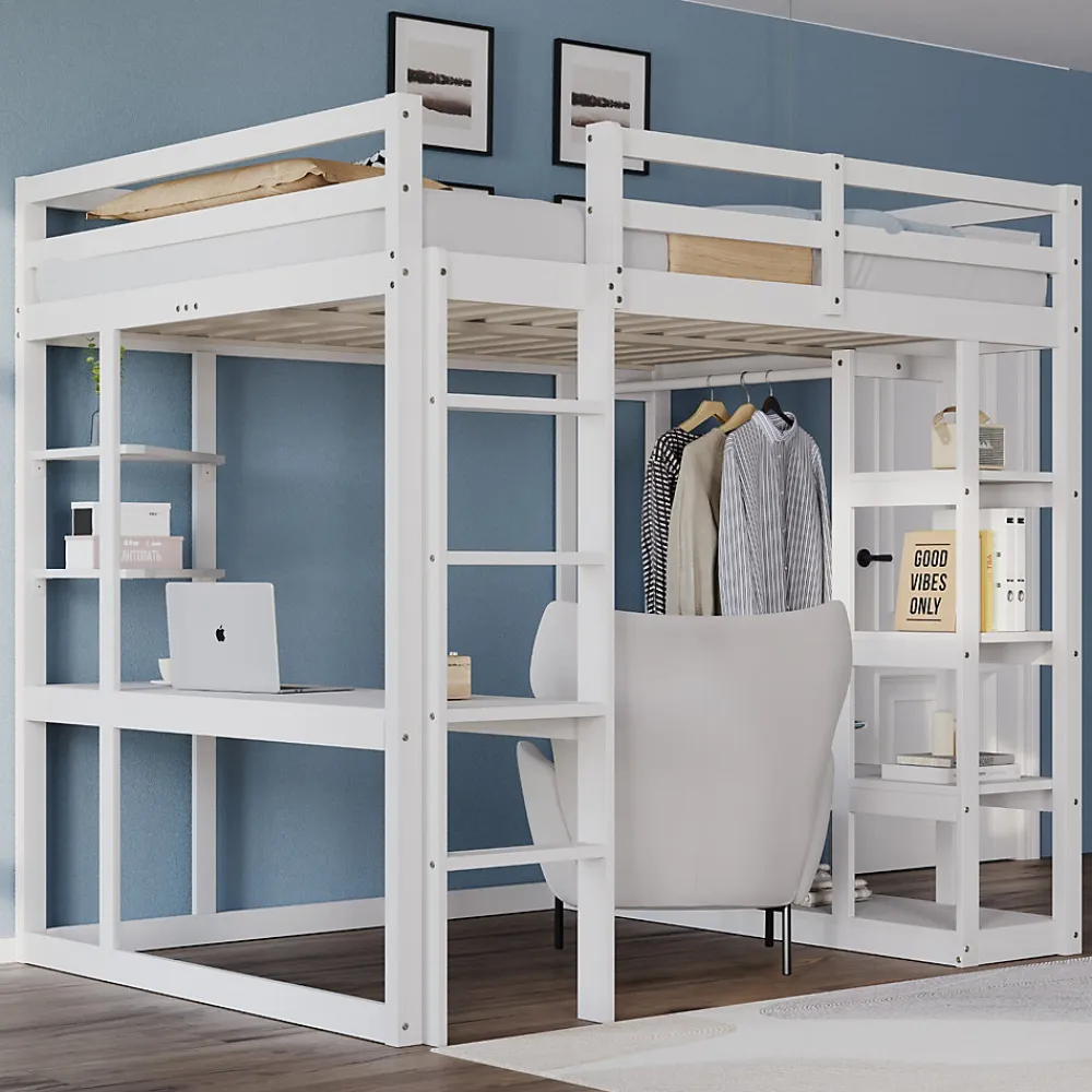 Lit mezzanine 140x200 cm - Lit double avec bureau intégré, rangements fonctionnels et échelle - Pin et MDF - Blanc>Okwish Online