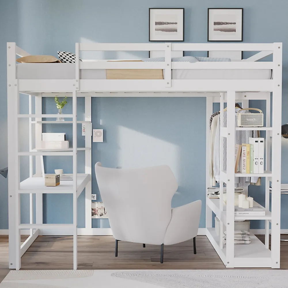 Lit mezzanine 140x200 cm - Lit double avec bureau intégré, rangements fonctionnels et échelle - Pin et MDF - Blanc>Okwish Online