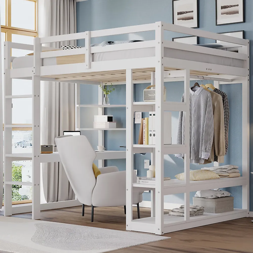 Lit mezzanine 140x200 cm - Lit double avec bureau intégré, rangements fonctionnels et échelle - Pin et MDF - Blanc>Okwish Online