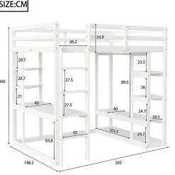 Lit mezzanine 140x200 cm - Lit double avec bureau intégré, rangements fonctionnels et échelle - Pin et MDF - Blanc><noscript><img width=