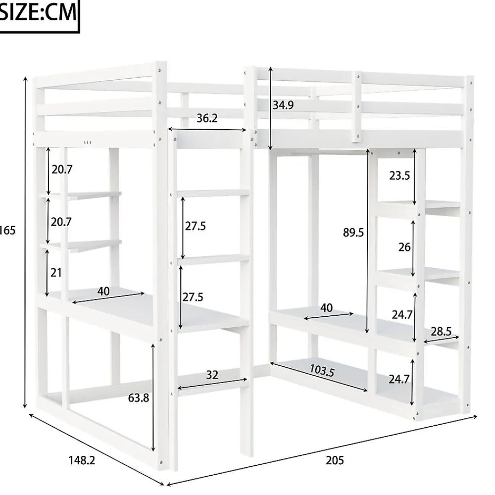 Lit mezzanine 140x200 cm - Lit double avec bureau intégré, rangements fonctionnels et échelle - Pin et MDF - Blanc>Okwish Online
