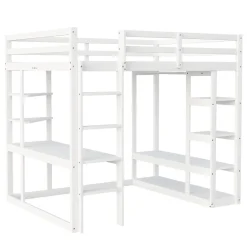 Lit mezzanine 140x200 cm - Lit double avec bureau intégré, rangements fonctionnels et échelle - Pin et MDF - Blanc><noscript><img width=