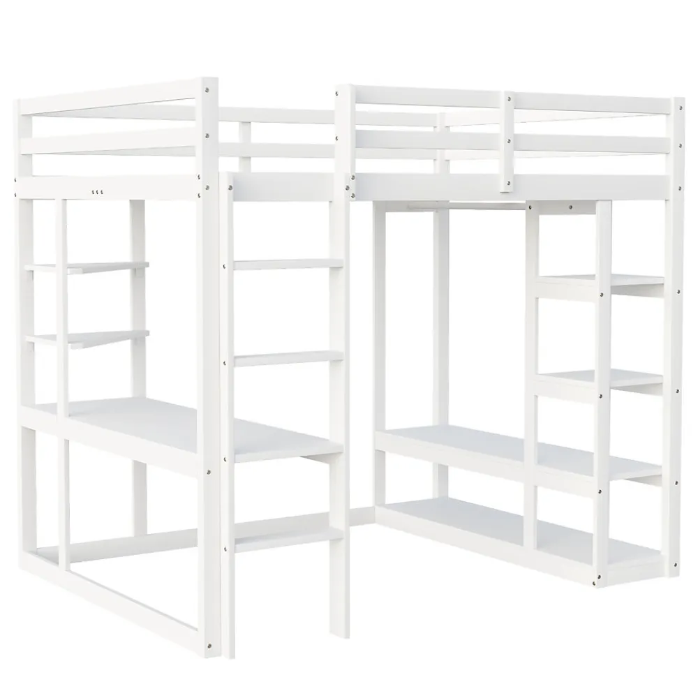 Lit mezzanine 140x200 cm - Lit double avec bureau intégré, rangements fonctionnels et échelle - Pin et MDF - Blanc>Okwish Online