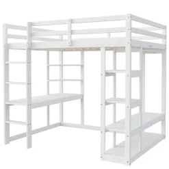 Lit mezzanine 140x200 cm - Lit double avec bureau intégré, rangements fonctionnels et échelle - Pin et MDF - Blanc><noscript><img width=