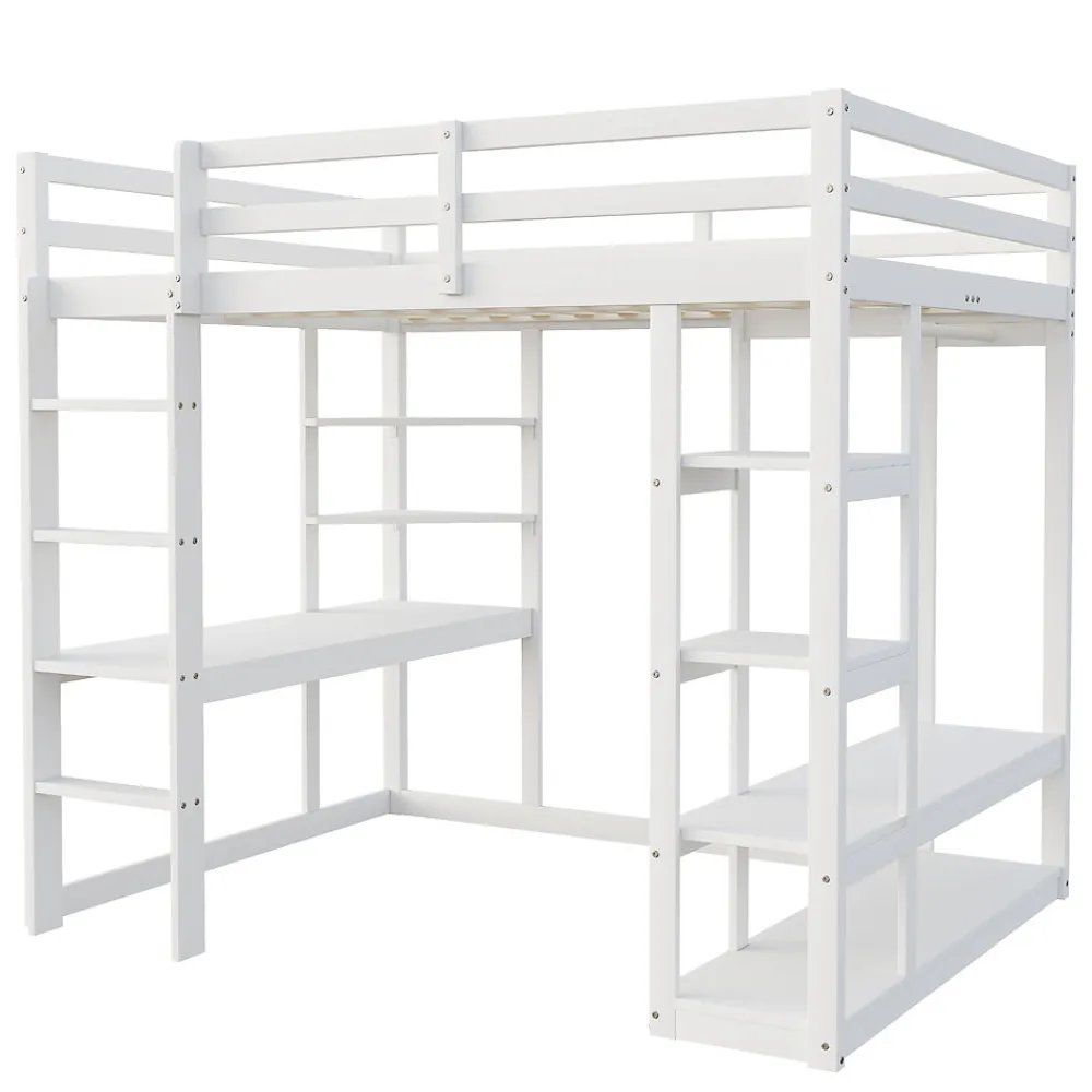 Lit mezzanine 140x200 cm - Lit double avec bureau intégré, rangements fonctionnels et échelle - Pin et MDF - Blanc>Okwish Online