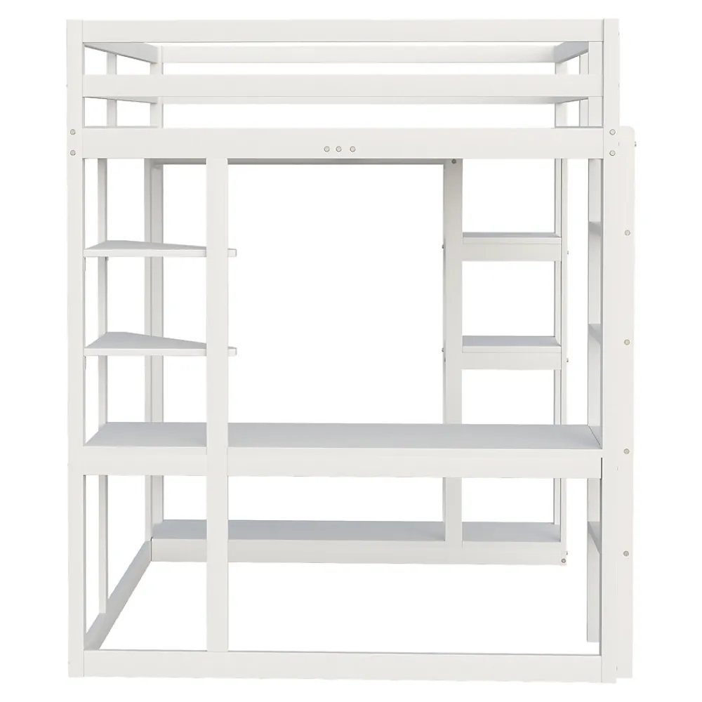 Lit mezzanine 140x200 cm - Lit double avec bureau intégré, rangements fonctionnels et échelle - Pin et MDF - Blanc>Okwish Online
