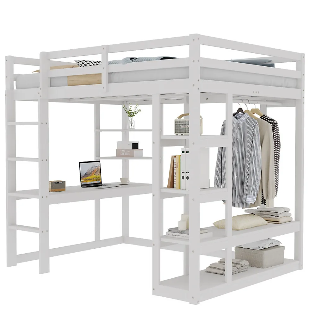 Lit mezzanine 140x200 cm - Lit double avec bureau intégré, rangements fonctionnels et échelle - Pin et MDF - Blanc>Okwish Online