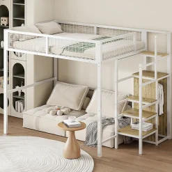 Lit Mezzanine 140x200 cm - Lit Double avec Rangement et Échelle de Sécurité, Cadre Métal et MDF, Sans Matelas - Blanc>Okwish Outlet