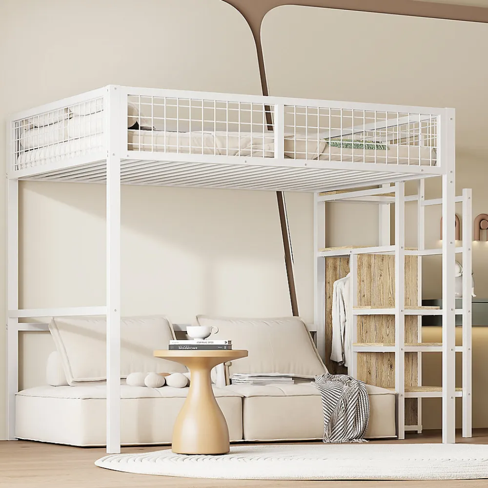 Lit Mezzanine 140x200 cm - Lit Double avec Rangement et Échelle de Sécurité, Cadre Métal et MDF, Sans Matelas - Blanc>Okwish Outlet