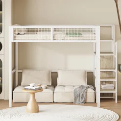 Lit Mezzanine 140x200 cm - Lit Double avec Rangement et Échelle de Sécurité, Cadre Métal et MDF, Sans Matelas - Blanc><noscript><img width=