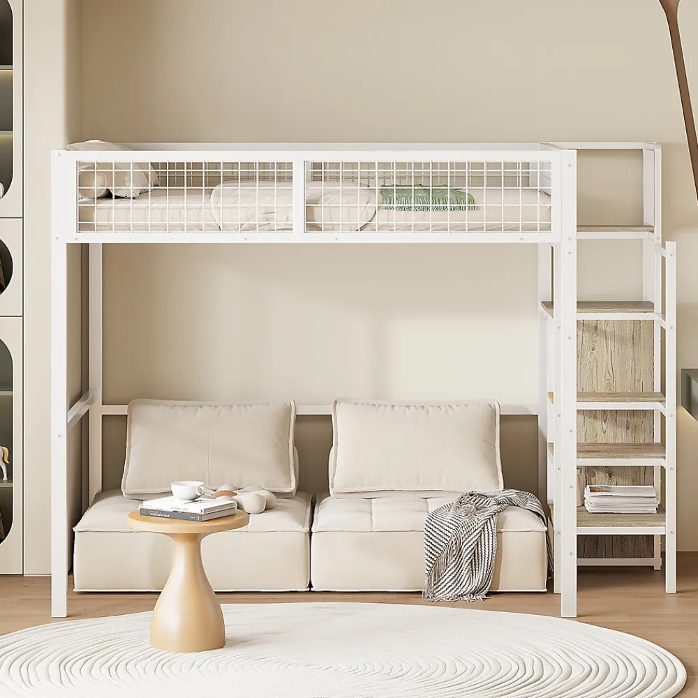 Lit Mezzanine 140x200 cm - Lit Double avec Rangement et Échelle de Sécurité, Cadre Métal et MDF, Sans Matelas - Blanc>Okwish Outlet