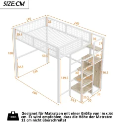 Lit Mezzanine 140x200 cm - Lit Double avec Rangement et Échelle de Sécurité, Cadre Métal et MDF, Sans Matelas - Blanc><noscript><img width=