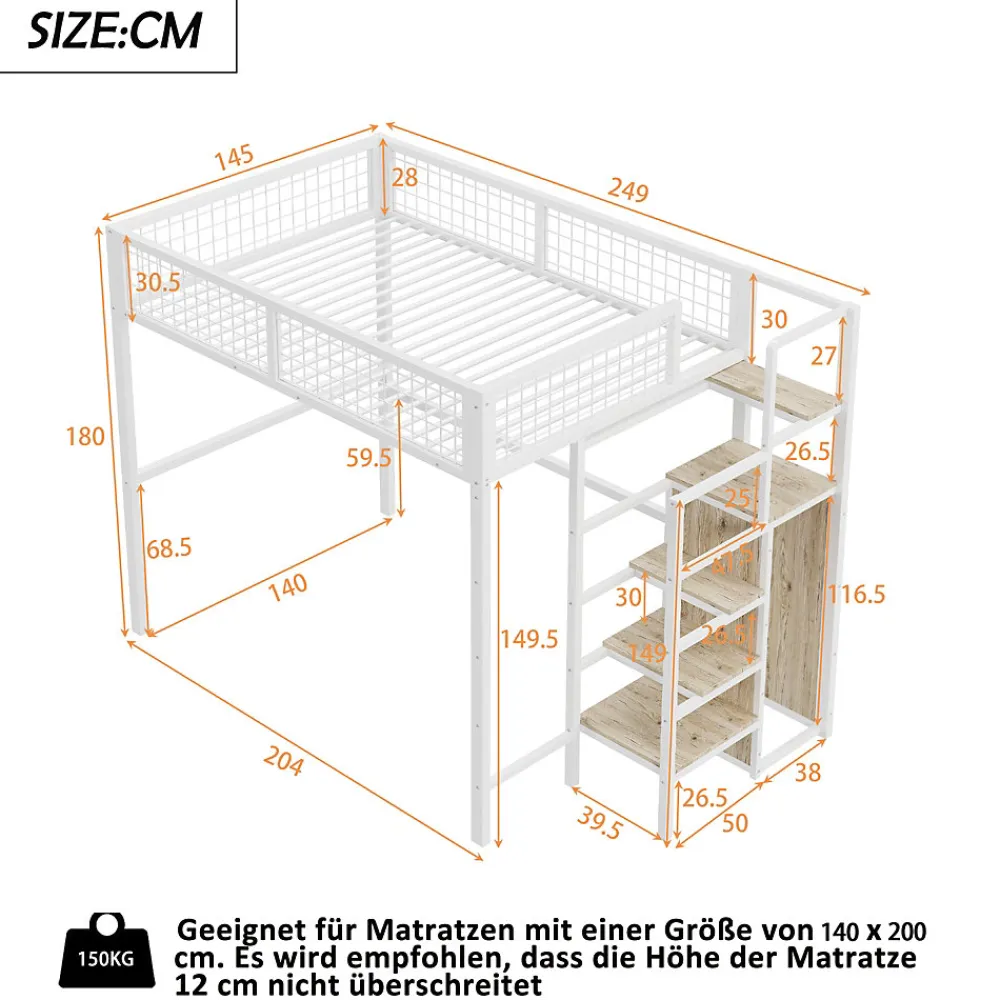 Lit Mezzanine 140x200 cm - Lit Double avec Rangement et Échelle de Sécurité, Cadre Métal et MDF, Sans Matelas - Blanc>Okwish Outlet
